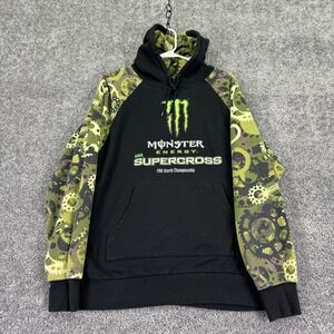 Monster Energy Hoodie Mens Medium Black Green Fleece Pullover Supercross Graphic